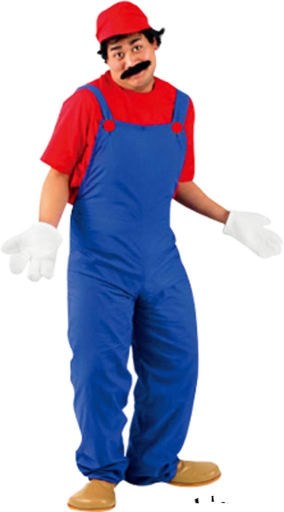 Mens Super Mario Plumber Costume Overalls Shirt Hat Gloves Moustache