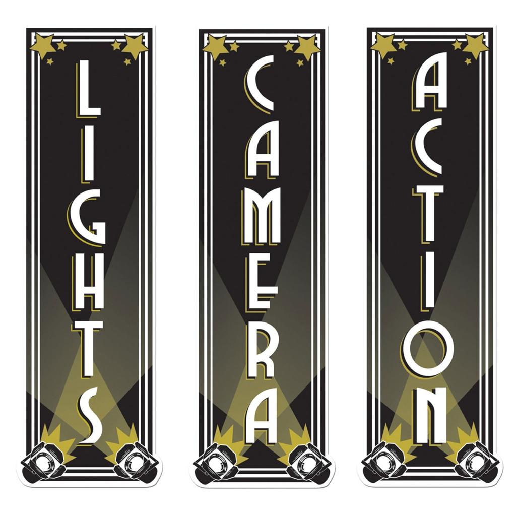 Pack of 3 Lights Camera Action Signs Hollywood Award Themed Party