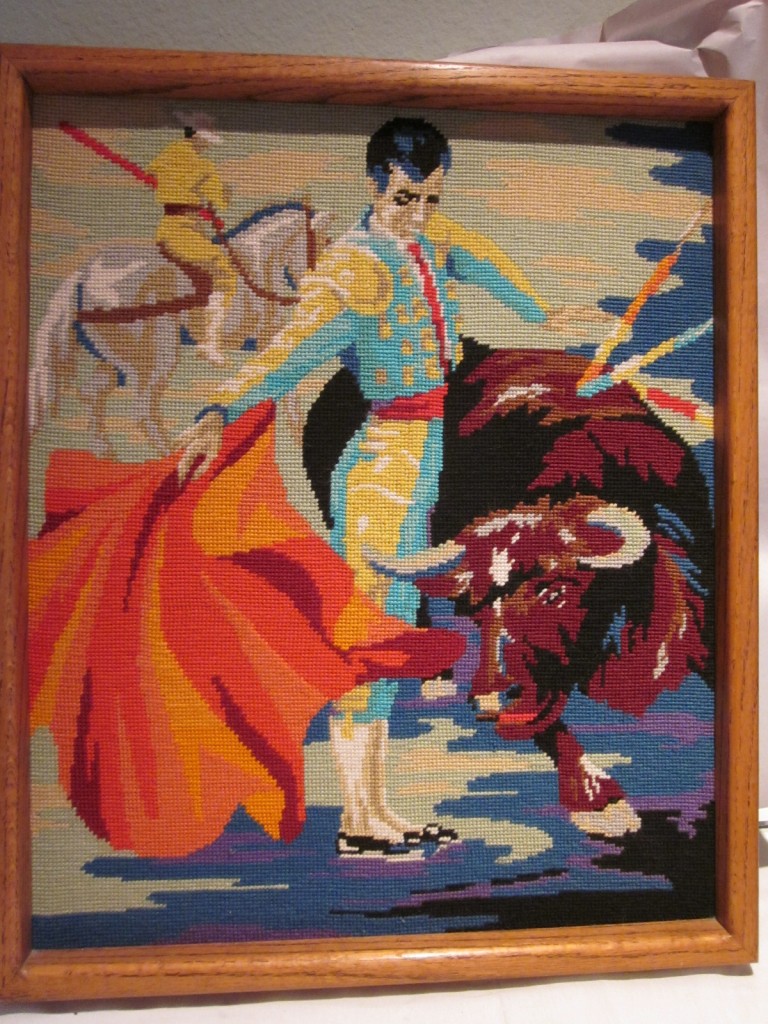 Wood Framed Vintage Embroidered Spanish Matador Bull Needlepoint