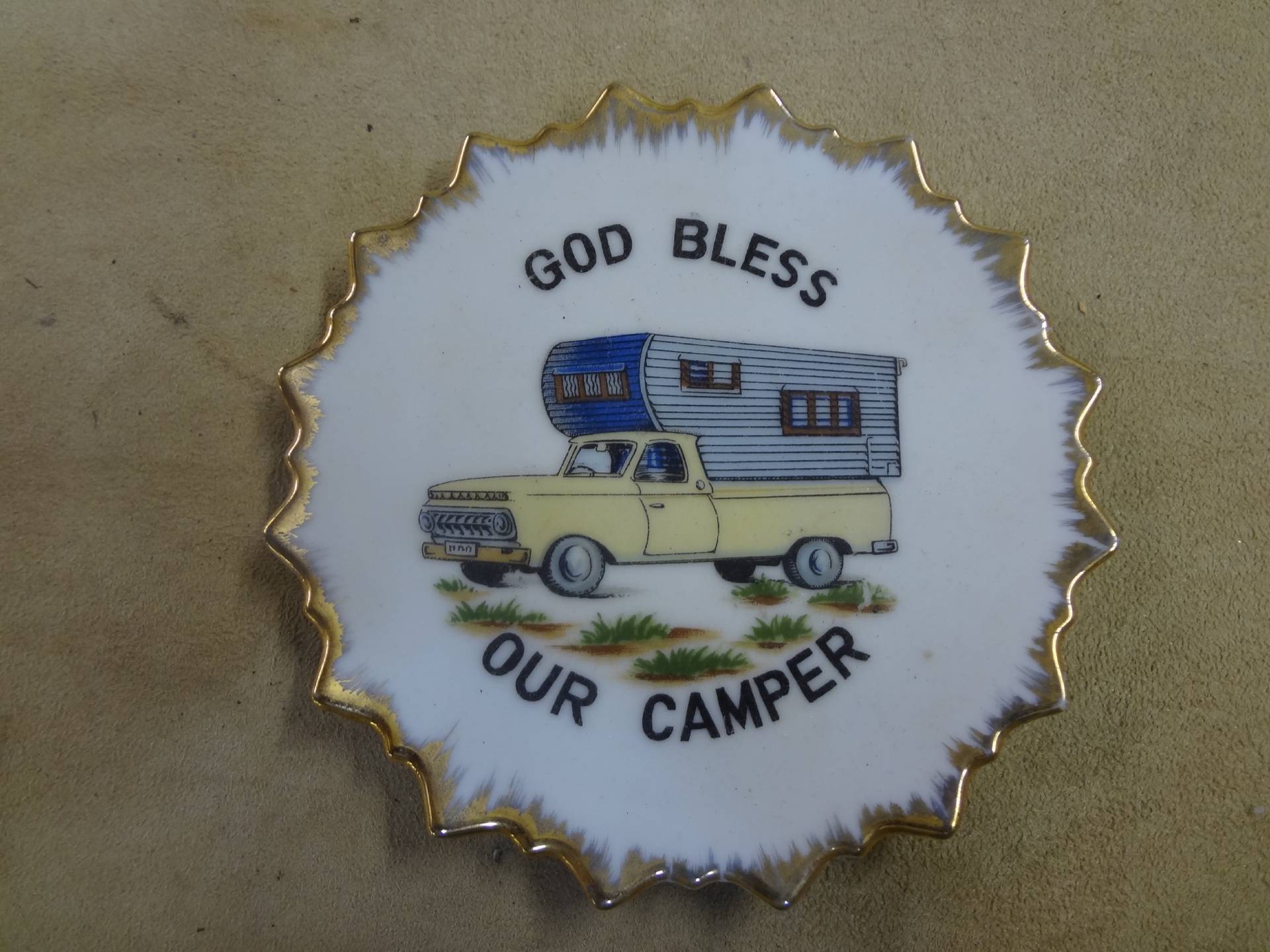 GOD BLESS OUR CAMPER VTG PICKUP TRUCK VTG CHEVY PLATE wall hanging art - Picture 1 of 1