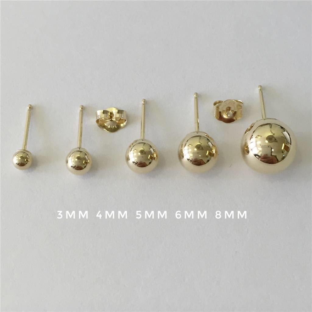14K Solid Yellow Gold Ball Stud Earrings Sizes 3mm 4mm 5mm 6mm 8mm Top