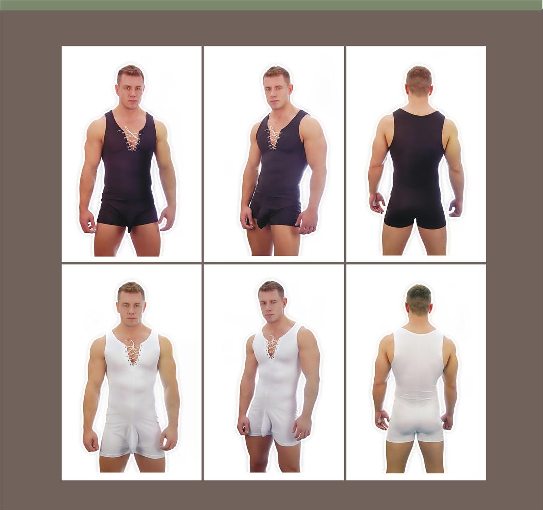 Black White Men's Sexy Stretch Boxer Compression Bodysuit Lingerie