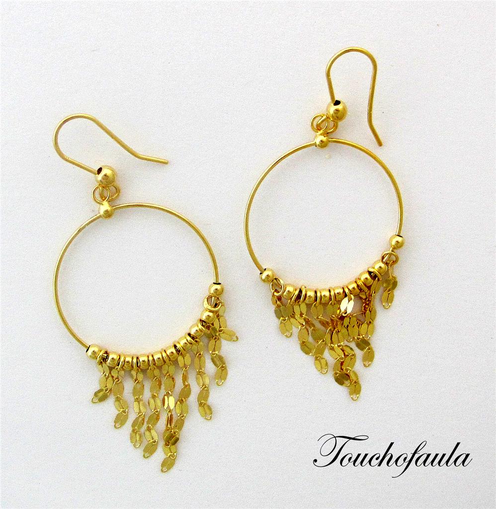 14K SOLID YELLOW GOLD SHIMMERING HOOP CHANDELIER EARRINGS WITH DANGLE