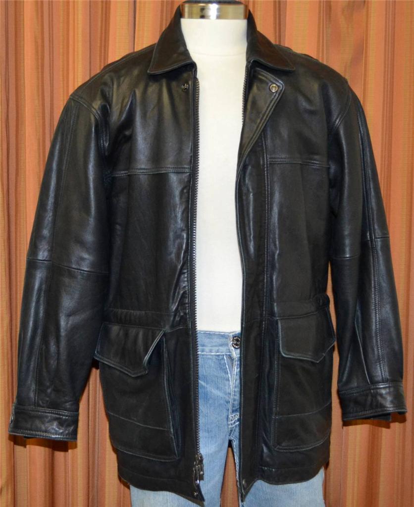 claiborne BLACK GENUINE SOFT LAMBSKIN LEATHER JACKET COAT OVERCOAT MENS