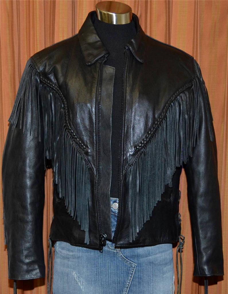 UNIK BLACK FRINGE LEATHER FULL ZIP MOTORCYCLE RIDING JACKET LADIES