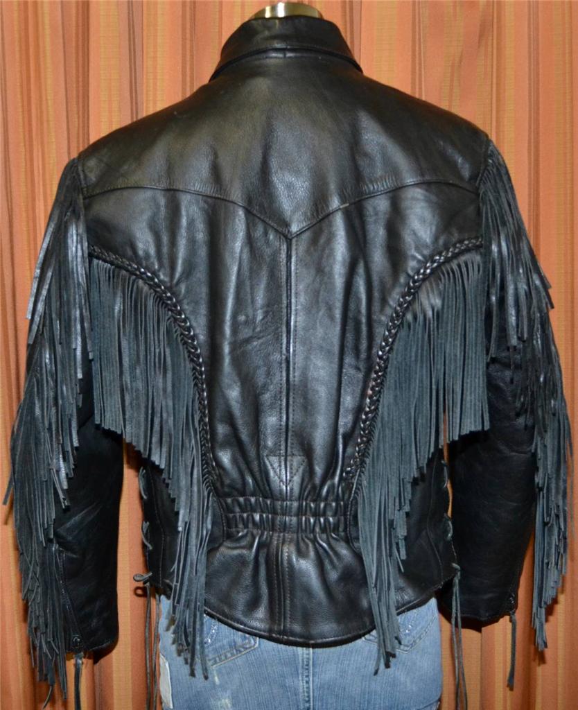 UNIK BLACK FRINGE LEATHER FULL ZIP MOTORCYCLE RIDING JACKET LADIES