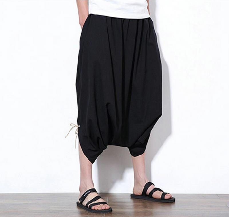 Men's Japanese Samurai Casual Loose Harem Baggy Hakama Linen Capri