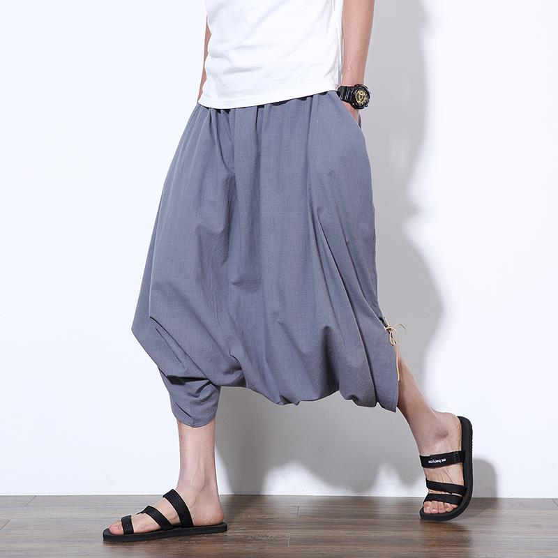 Men's Japanese Samurai Casual Loose Harem Baggy Hakama Linen Capri