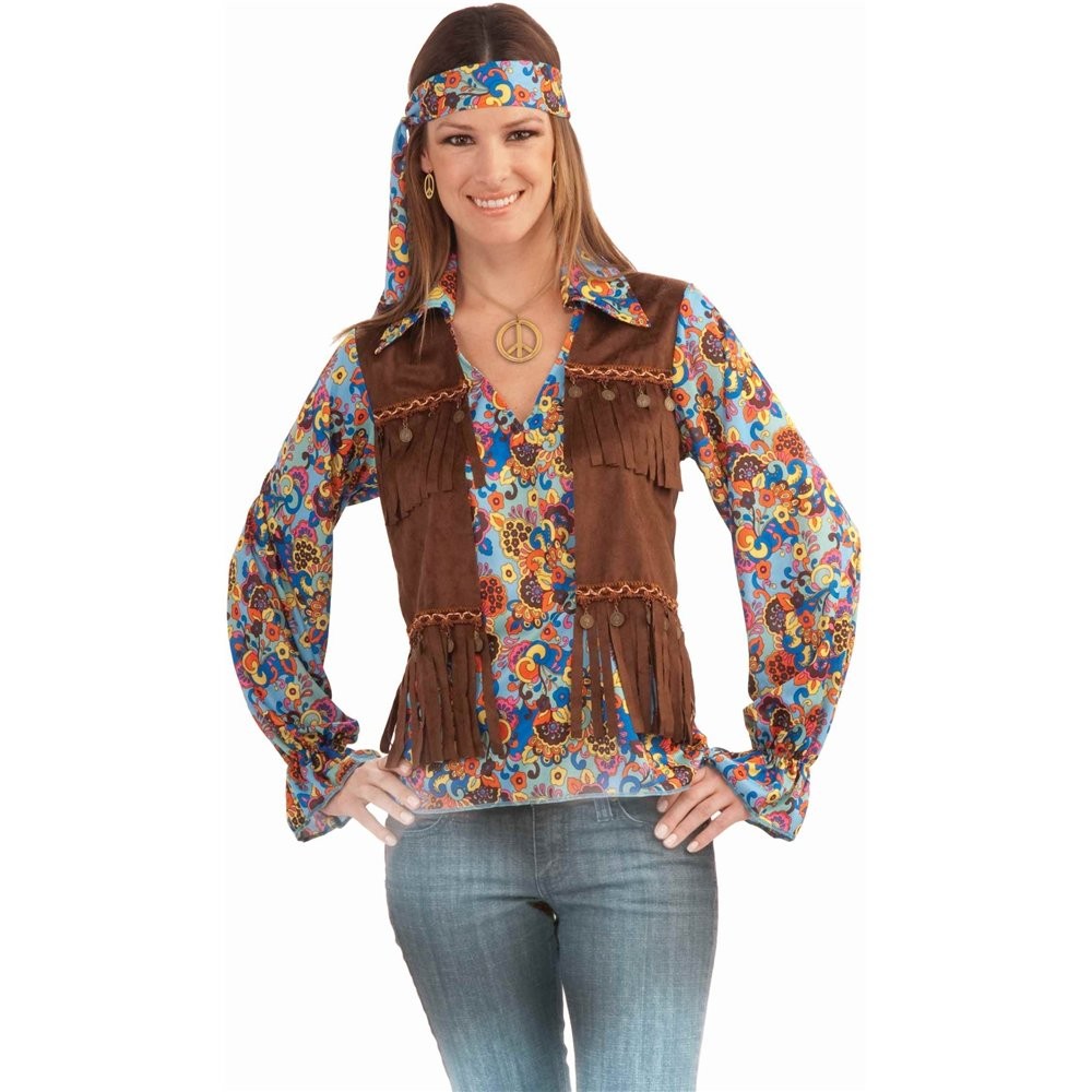 Funky 60'S 70'S Hippie Multicoloured Shirt Vest AND Headband Ladies ...