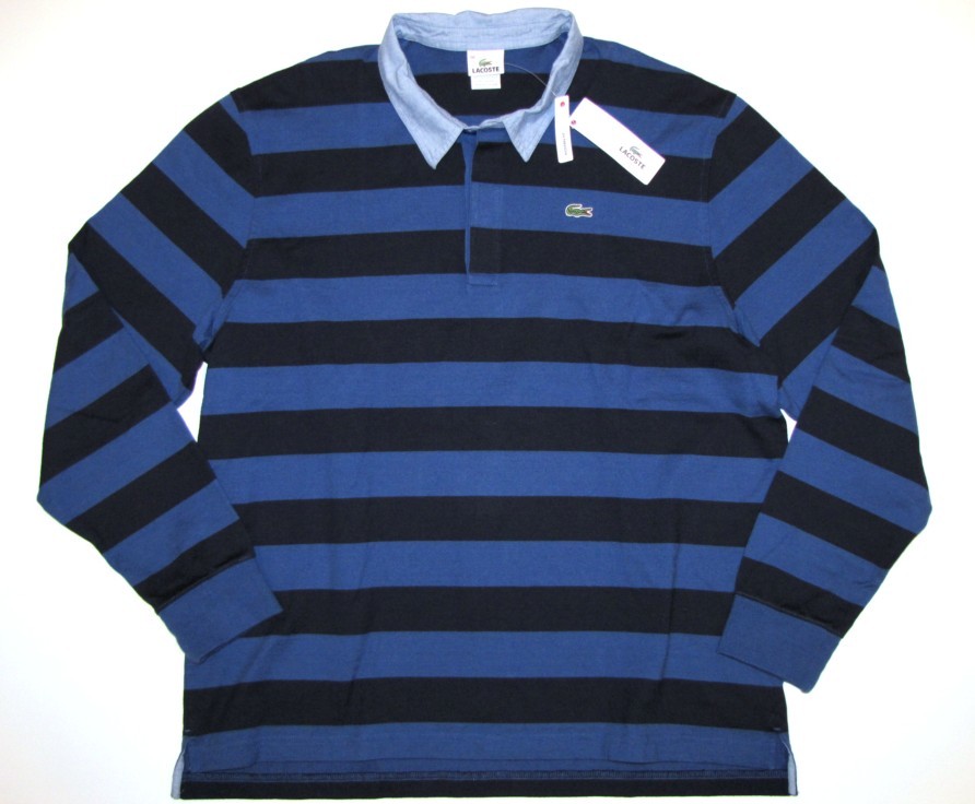 NWT LACOSTE Mens Rugby Shirt 9 3XL Long Sleeve Blue Striped Polo Croc