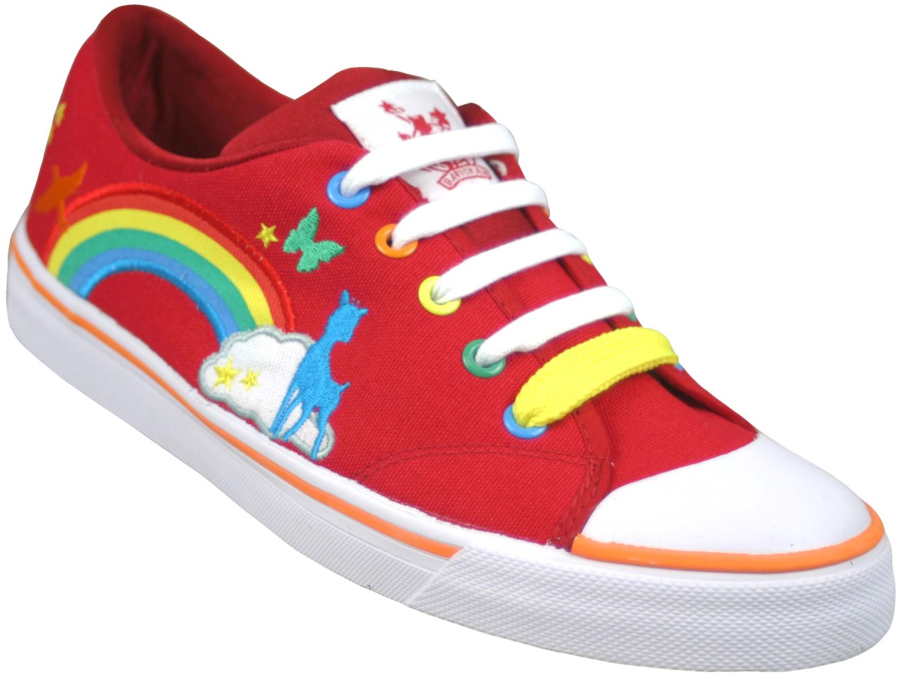 New GIRLS Womens BABYCHAM Canvas RED RAINBOW LACE TRAINERS
