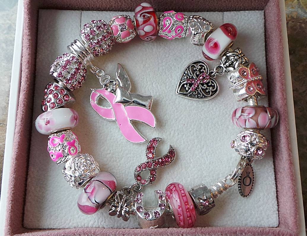 PANDORA .925 SILVER BRACELET CANCER SURVIVOR PINK RIBBON ANGEL CHARMS