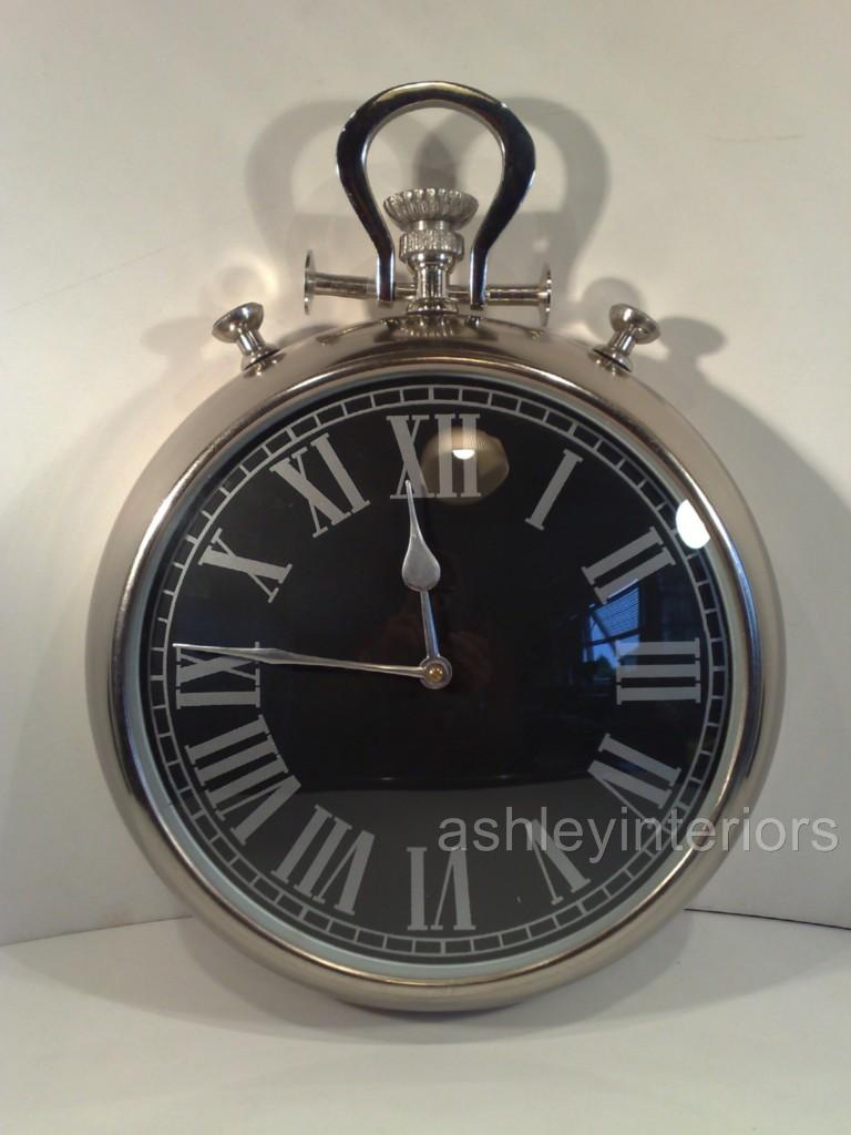 Chrome Pocket Watch Wall Clock Black Face
