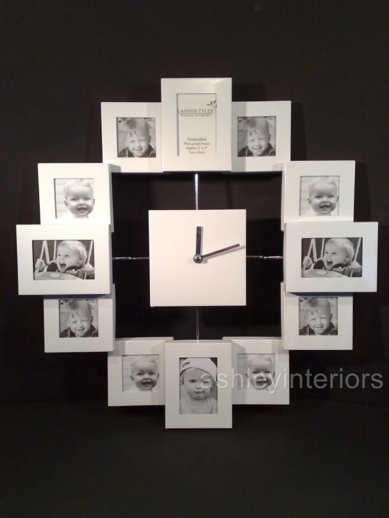 White Photo Framed Wall Clock For 12 Pictures