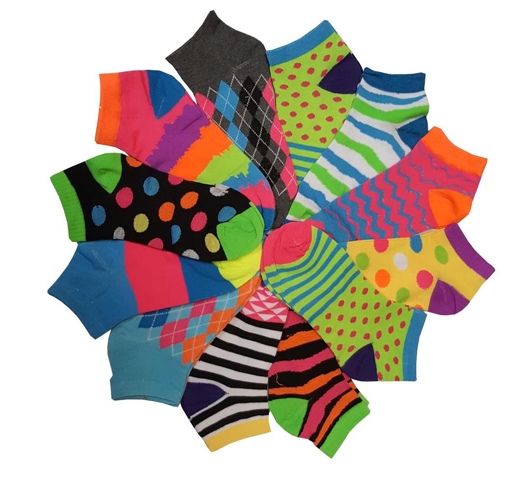 12 Pairs Pack Women Low Cut Neon Bright Colorful Fancy Design Ankle