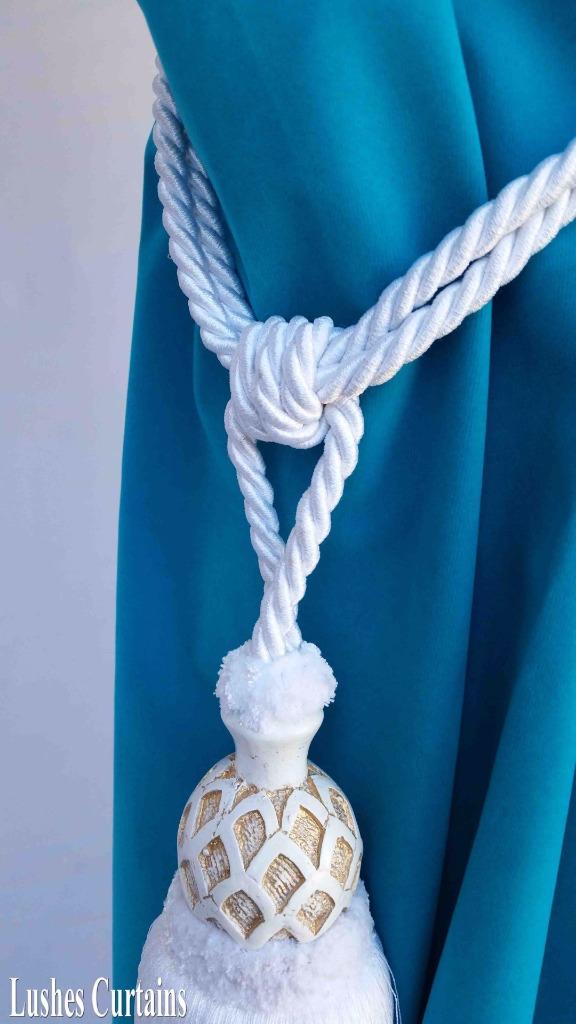 White Decorative Window Curtain Drape Wood Tassel Rope