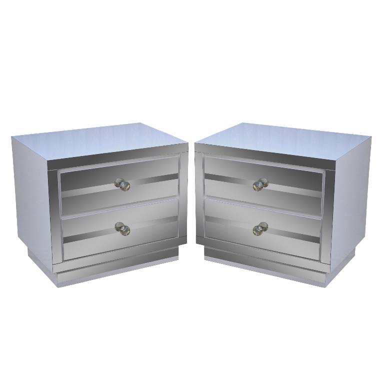 Pair Vtg Hollywood Regency Mirror Chrome Nightstands Modern Pierre
