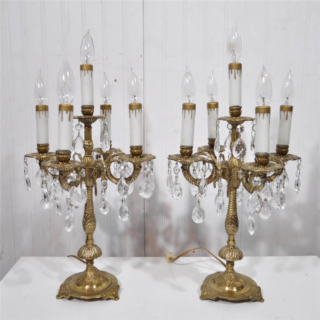 PAIR Antique FRENCH style Solid Brass Crystal CANDELABRA lamps