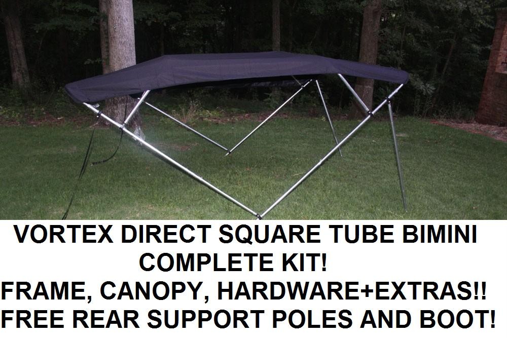 NEW SQUARE TUBE FRAME VORTEX 4 BOW PONTOON/DECK BOAT BIMINI TOP 8' BLACK 91-96'