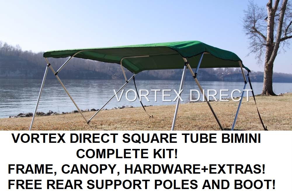 NEW SQUARE TUBE FRAME VORTEX 4 BOW PONTOON/DECK BOAT BIMINI TOP 12' GREEN 91-96'