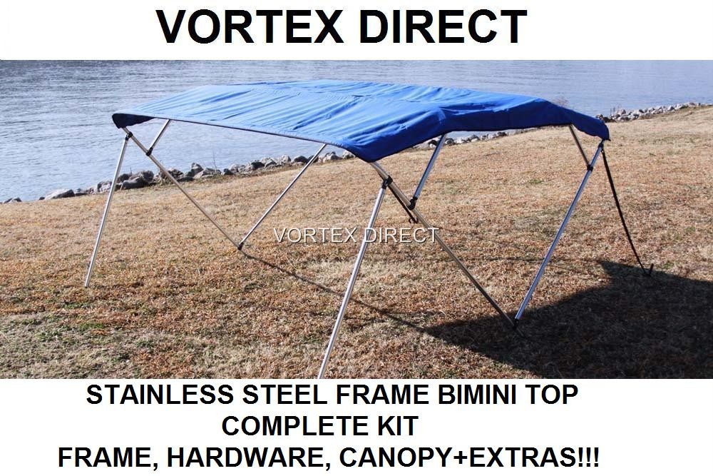 NEW BLUE VORTEX STAINLESS STEEL FRAME BIMINI TOP 8 FT LONG, 97-103' WIDE