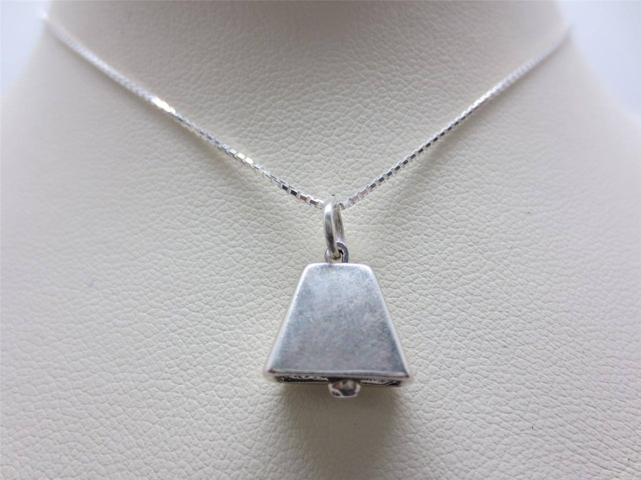 925 Sterling Silver Cow Bell Farm Moveable Charm Pendant Necklace 1mm