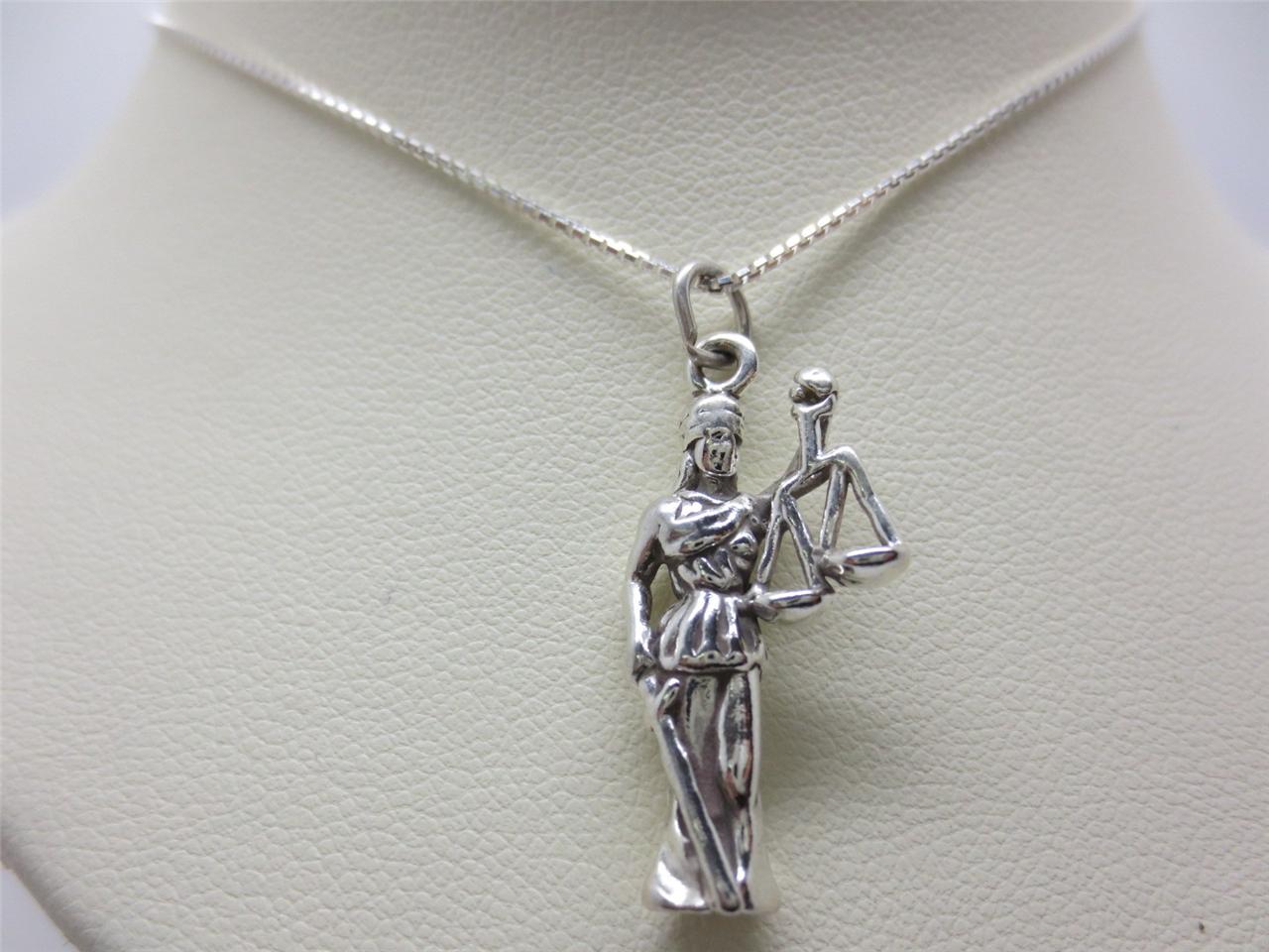925 Sterling Silver LADY JUSTICE JUSTITIA Charm Pendant Necklace 1mm