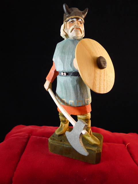 Vintage Hand Carved Henning Wooden Viking Statue Solider Sword Norway