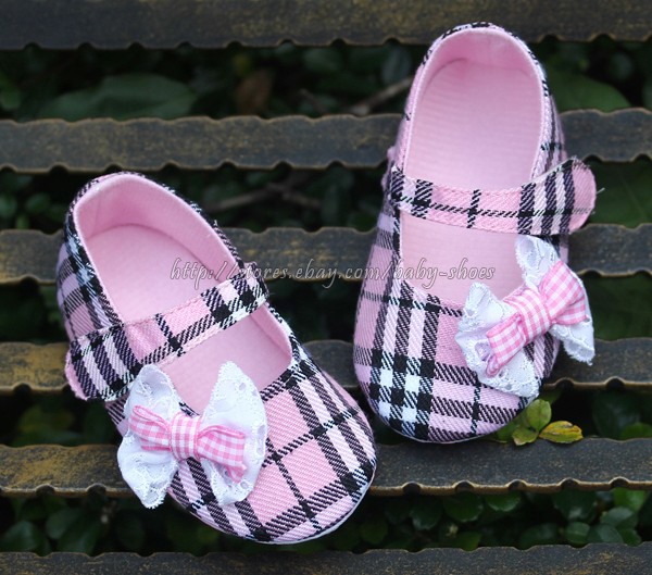 Newborn Reborn Baby Girl's Pink Plaid Soft Sole Crib Shoes Size 3 6 12