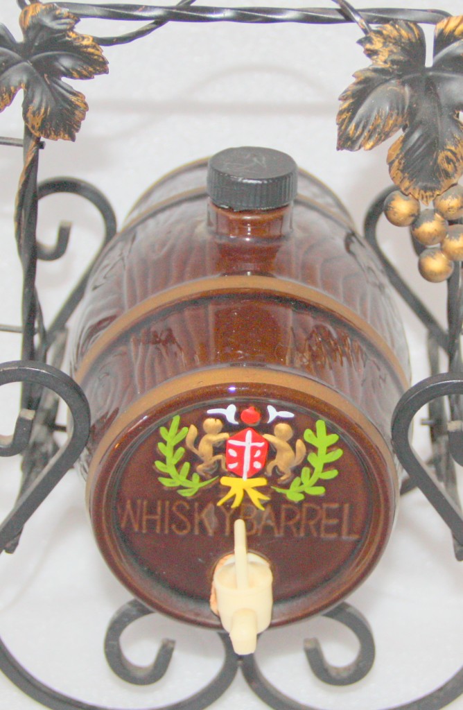 whiskey barrel bottle on metal stand vintage bar bottle made in Japan