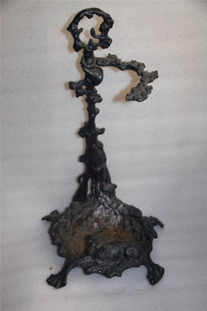 antique cast iron umbrella stand hunting dog & gun hunter's piece claw