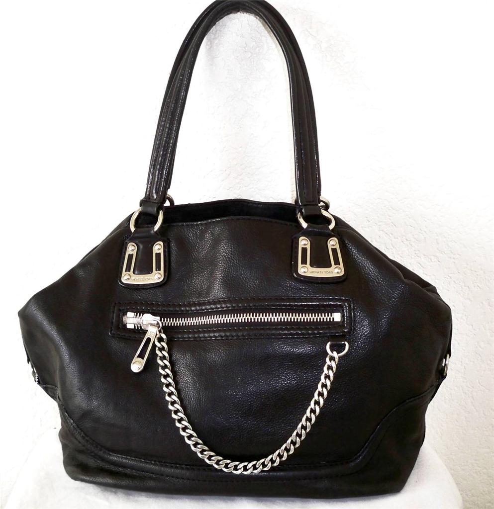 LG Michael Kors BLACK silver Leather FANCY CHAIN Satchel shopper tote bag purse | eBay