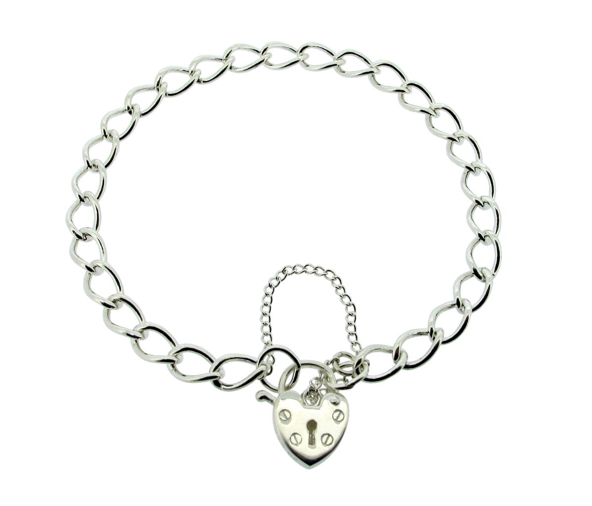 Ladies 925 Sterling Silver Curb Link Charm Bracelet Heart Padlock