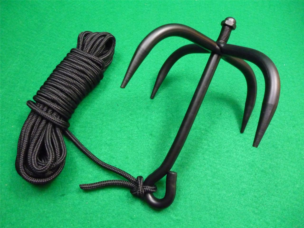 New Black Grappling Hook with 10 Meters of Nylon Rope Dredging Survival