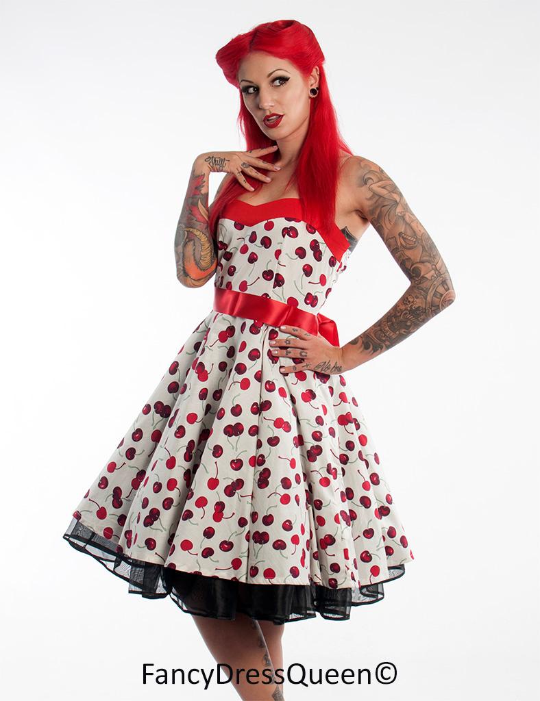 50's Rockabilly White Cherry Pin Up Style Swing Party Dress UK Sizes 10