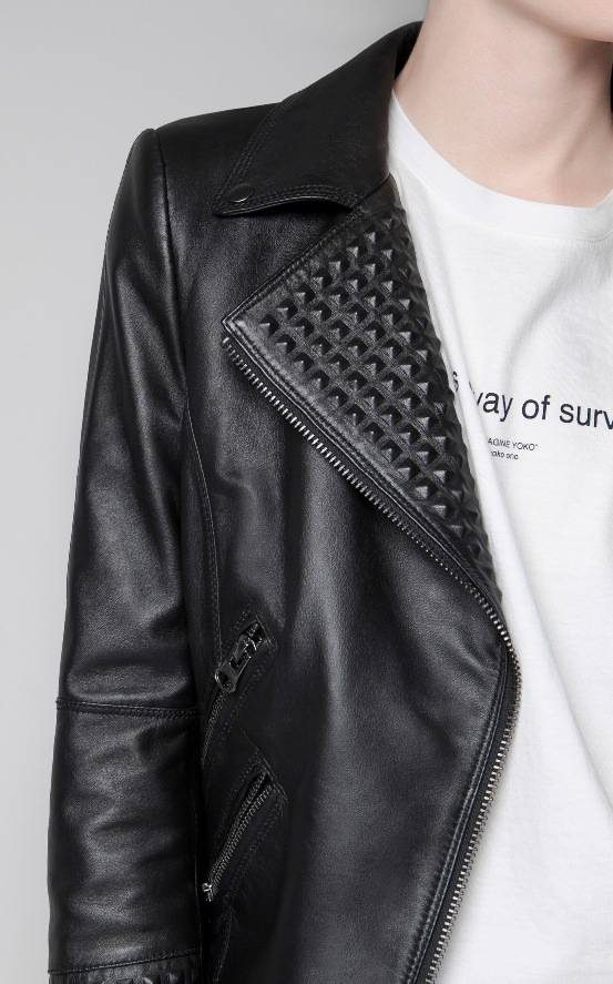 ... Zara Lambskin genuine Lamb Leather Covered Studded Zip Biker Jacket