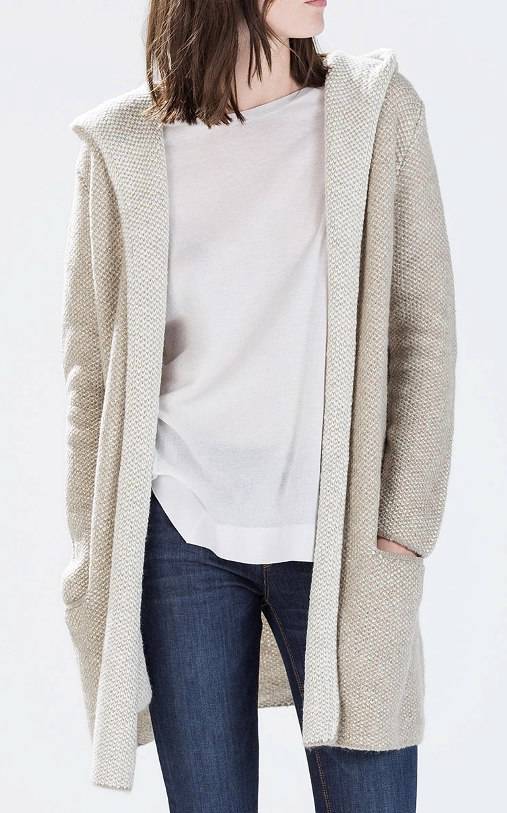 ZARA Chunky Basket Cotton Knit Hooded Wool Boyfriend Slouchy Cardigan