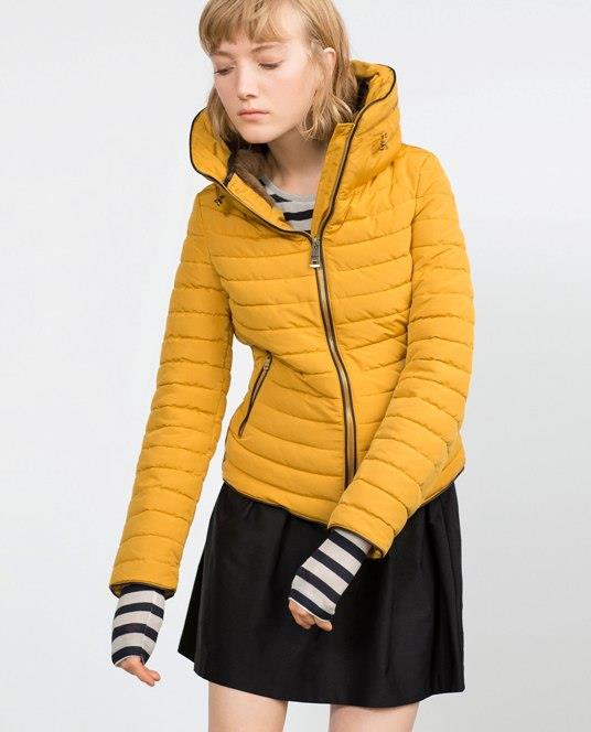 ZARA MUSTARD QUILTED ANORAK COAT WITH FAUX FUR COLLAR&HIDDEN HOOD 8073/