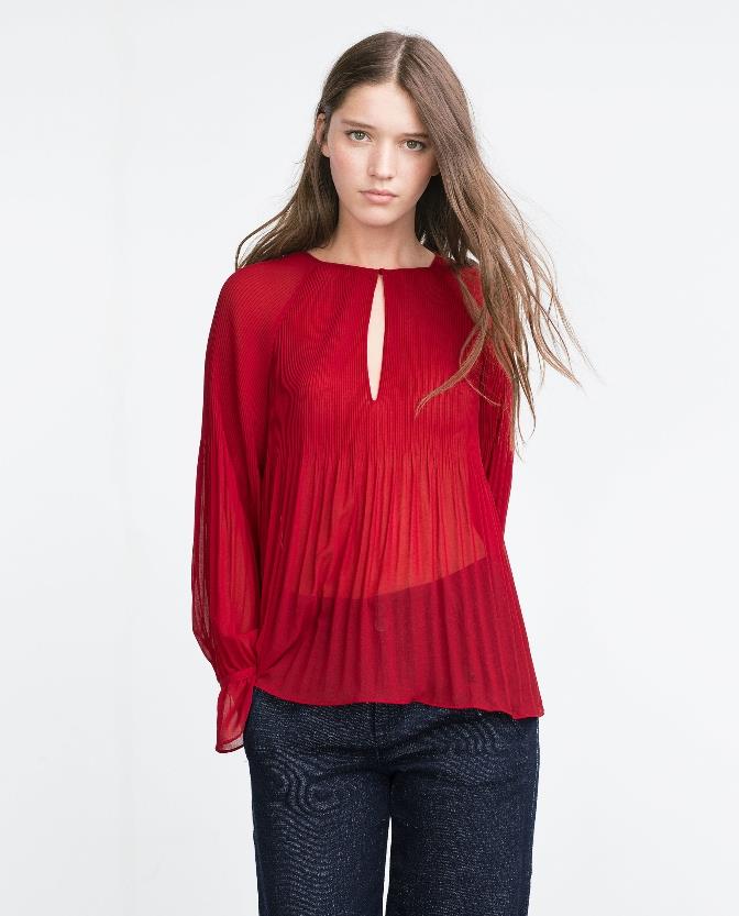 Zara Red Pleated Flowing Swing Ruffle Frilled Sleeve Chiffon Blouse Top