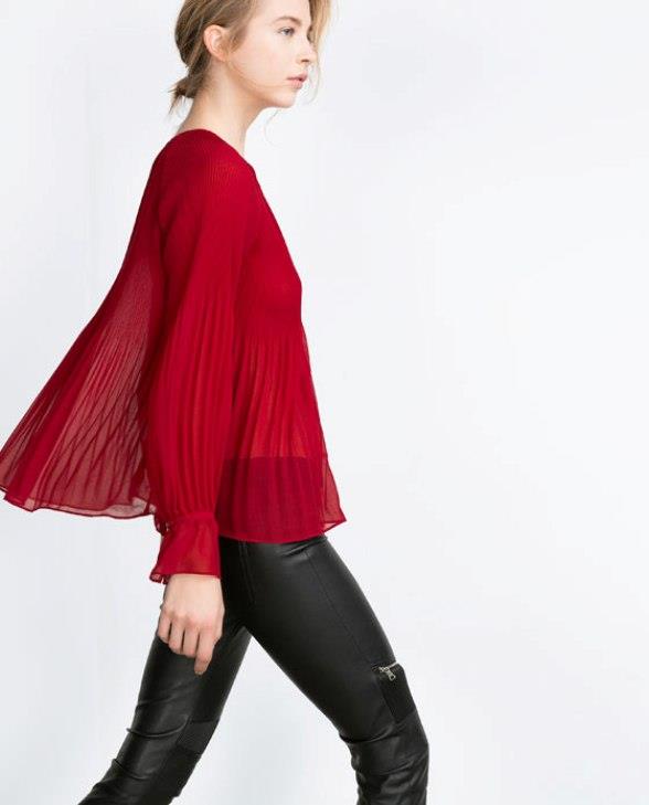 Zara Red Pleated Flowing Swing Ruffle Frilled Sleeve Chiffon Blouse Top