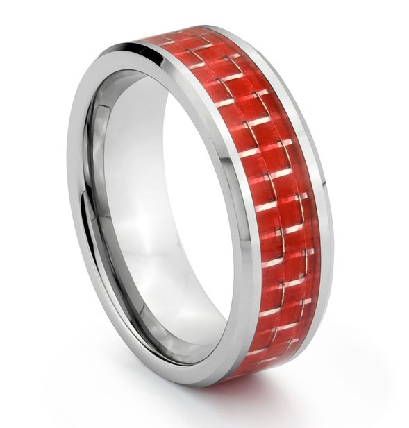 8MM-Tungsten-Carbide-Mens-Wedding-Band-Ring-w-Red-Carbon-Fiber-Inlay