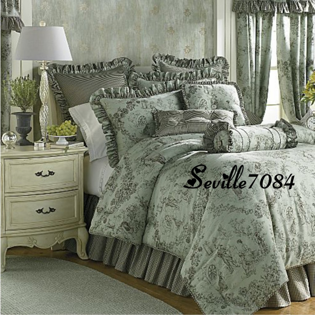 16p KING Enchanted COMFORTER Toile Sage Aqua,Brown+PillowsEuros,Drapes,Sheets