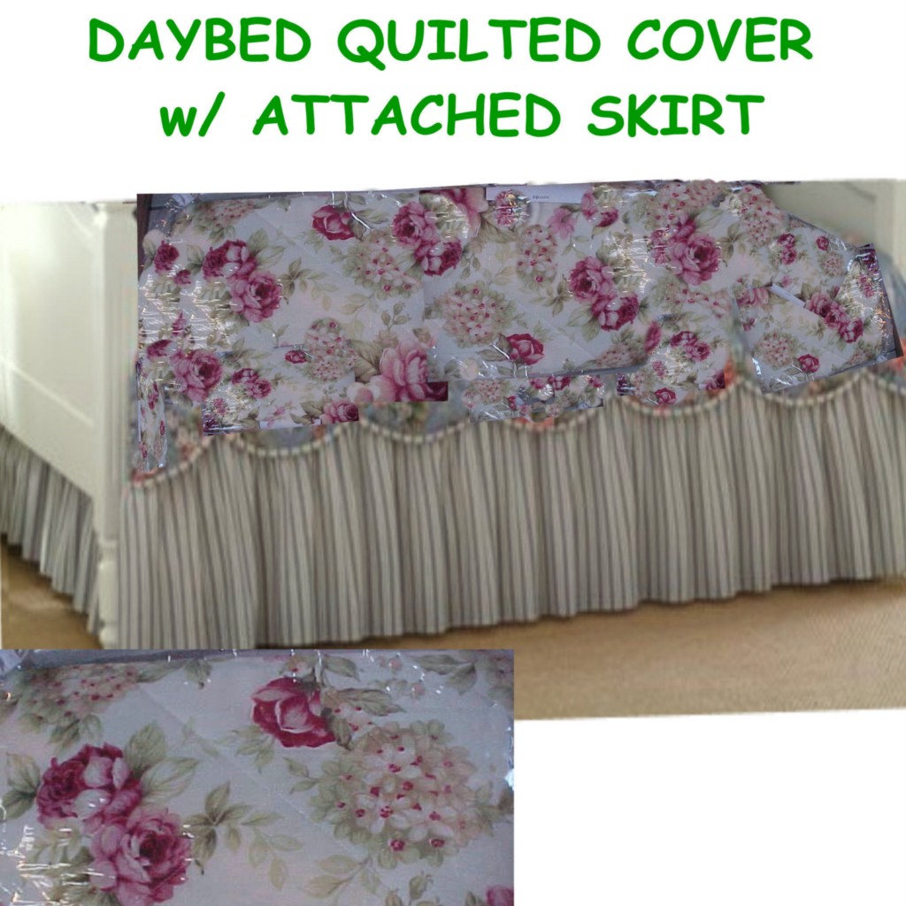 Quilted DAYBED CoverRose Pattern+attached ruffle BedskirtPink, Sage
