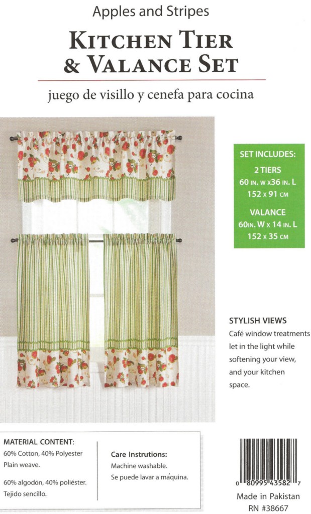 Kitchen Curtain Tiers Valance Set Apple Fruit N Stripes Red Green