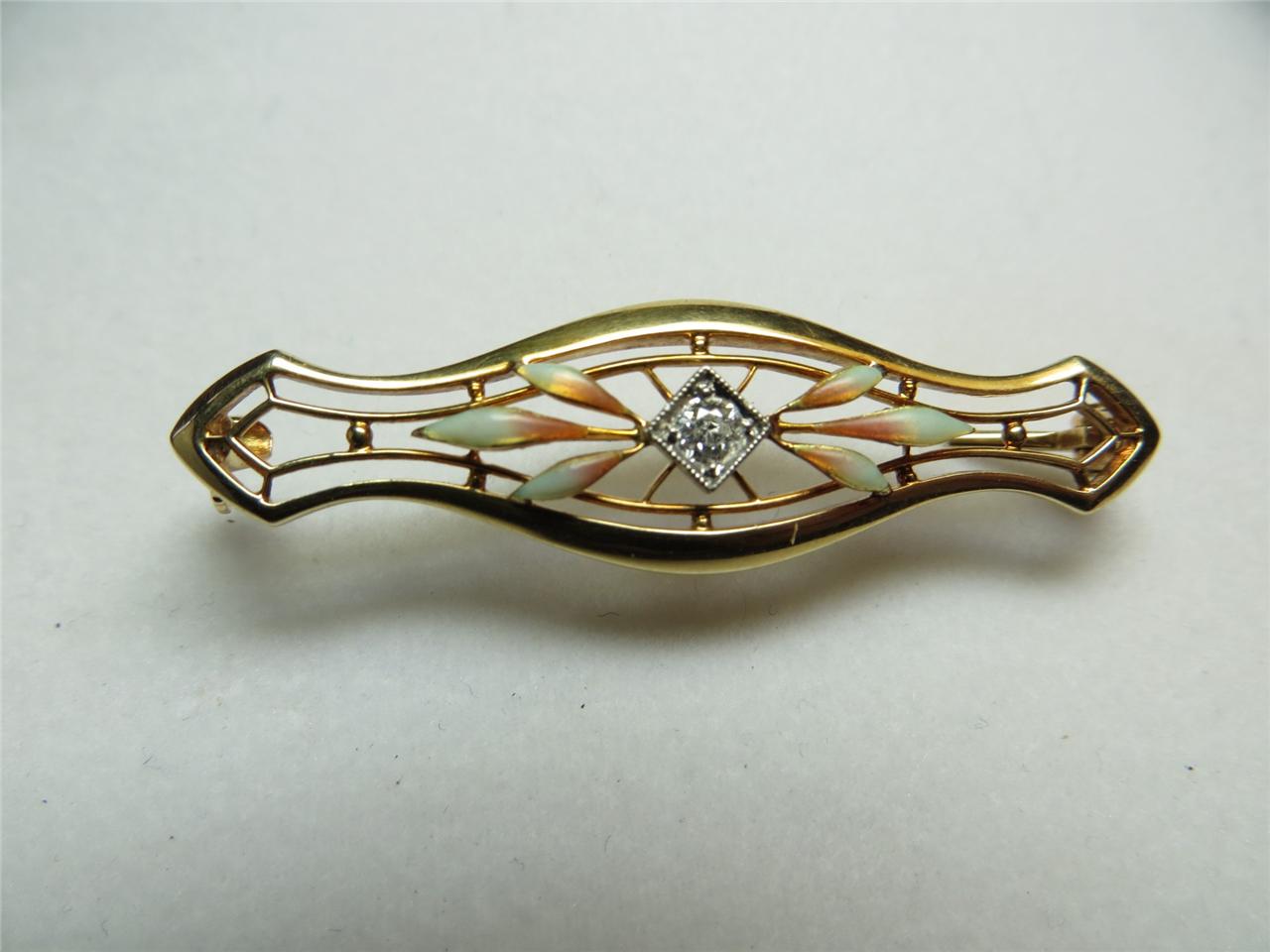 Antique KREMENTZ Art Nouveau Deco Jewelry 14k Gold Diamond Enamel Bar Pin Brooch eBay