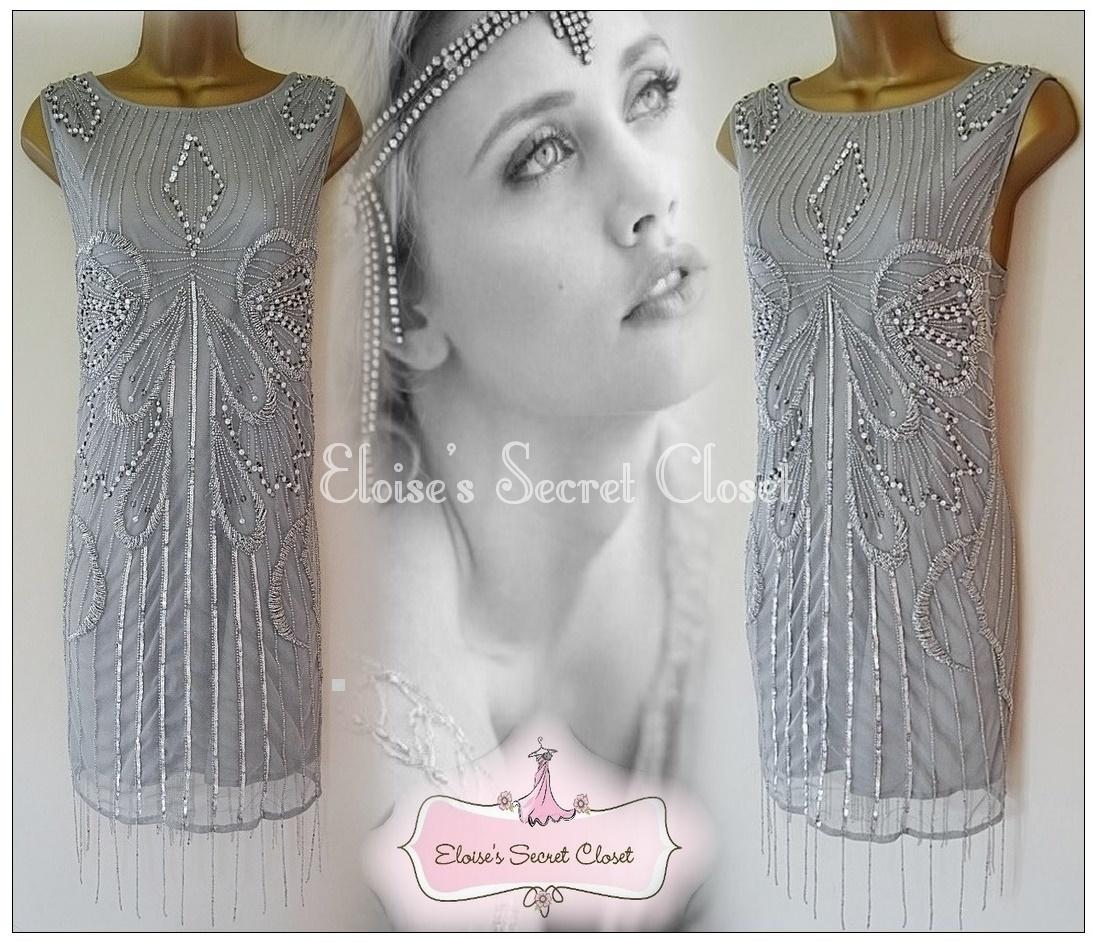 BNWT RIVER ISLAND Gatsby 20's Flapper Silver Grey Beaded Cocktail Dress