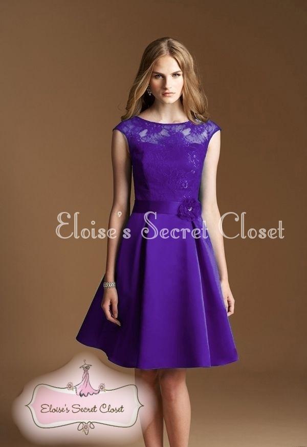CASSIE Cadbury Purple Satin Lace Bridesmaid Knee Length Evening Dress