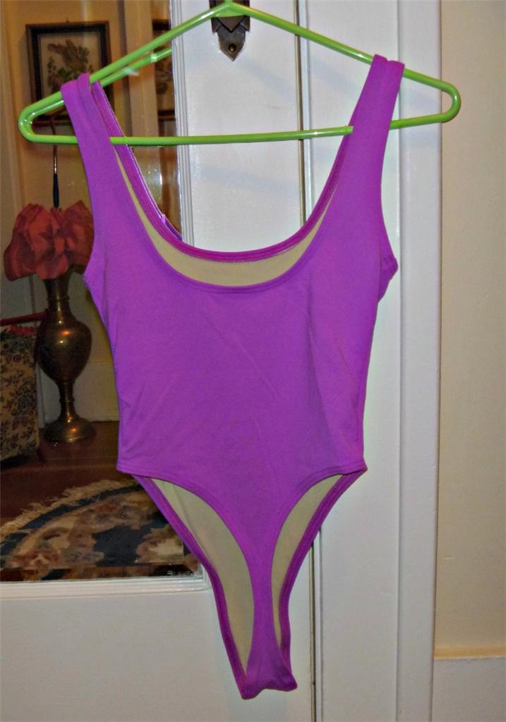 Vtg 80s M Purple High Leg Thong Bodysuit One Piece Swim Aerobic Dance
