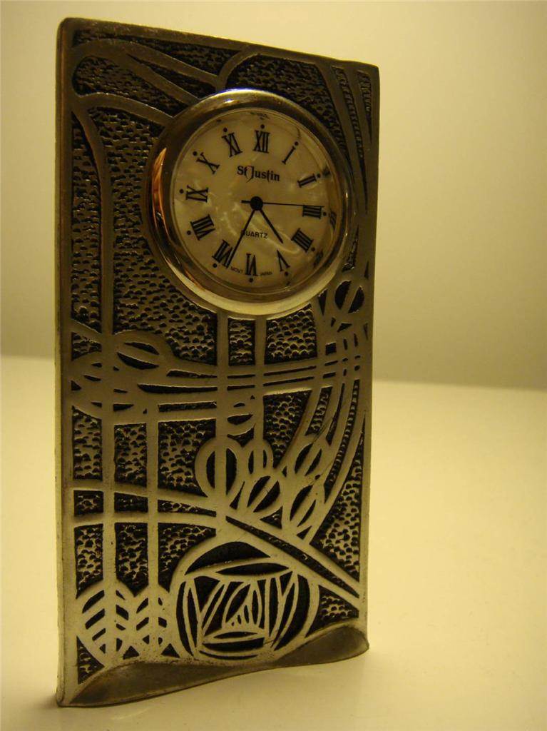 St Justin, Art Nouveau, Pewter Clock, Charles Rennie Mackintosh