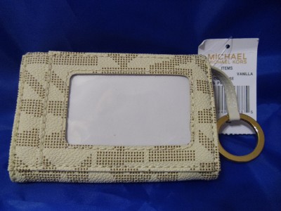 NEW MICHAEL KORS SIGNATURE VANILLA PVC FLAP SMALL COIN PURSE ID WALLET KEYCHAIN | eBay